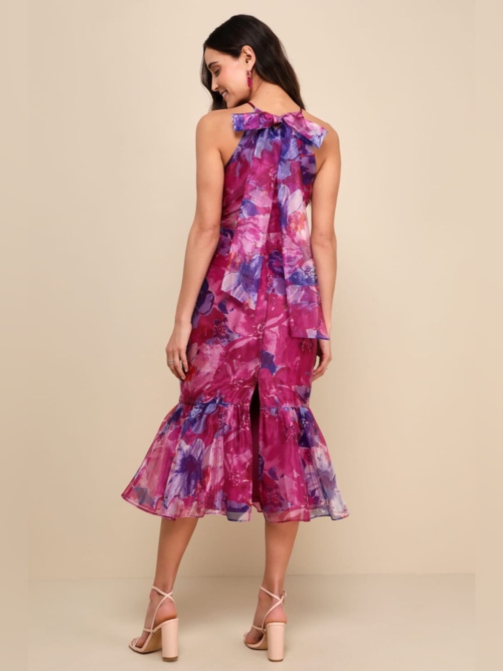 Lulus Admirable Essence Magenta Floral Organza Trumpet Midi Dress Size Medium - Picture 3 of 5